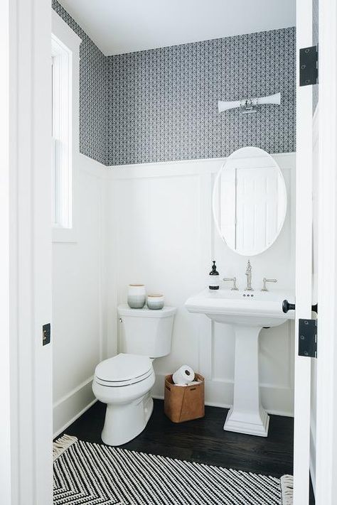 White and Blue Powder Room with Board and Batten Walls - Transitional - Bathroom Board And Batten Trim, Blue Powder Rooms, White Powder Room, Transitional Powder Room, Farmhouse Powder Room, Small Powder Room Ideas, Half Bath Ideas, Powder Room Lighting, Modern Powder Rooms