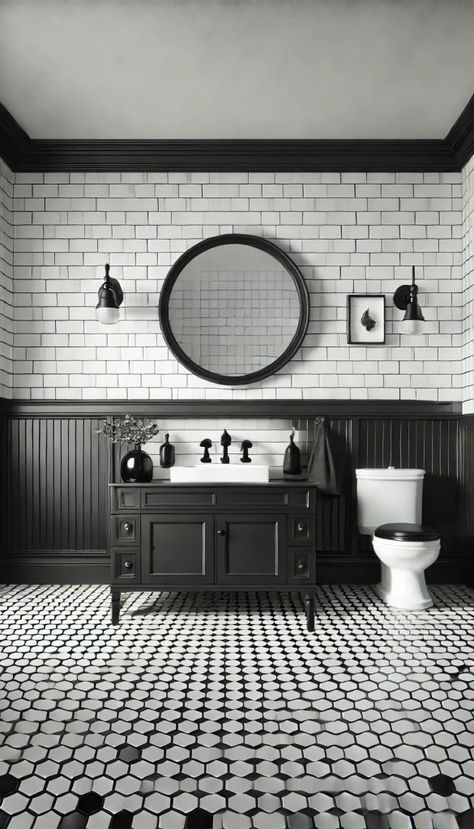 21 Stunning White and Black Bathroom Decorating Ideas You Need to See Now! 🖤✨ Classic Black And White Bathroom, French Bathroom Design, White Bathroom Decorating Ideas, Vintage Black And White Bathroom, White Luxury Bathroom, Moody Bathrooms, White Hexagon Tile Bathroom, White And Black Bathroom, Black And White Bathroom Ideas