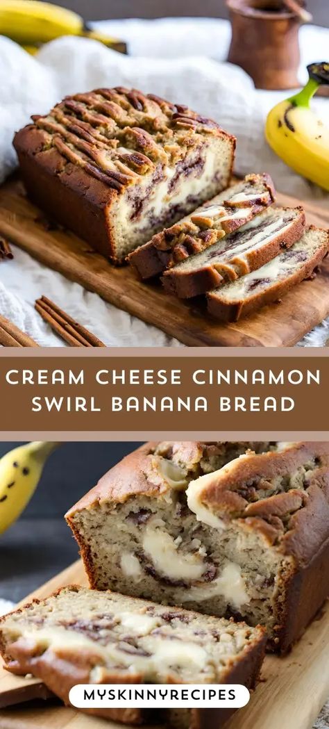 Indulge in a heavenly treat with this Cream Cheese Cinnamon Swirl Banana Bread 🍌💫! Moist banana bread meets rich cream cheese filling and a swirl of cinnamon sweetness. Perfect for breakfast, brunch, or a cozy snack. Try it today! #BananaBread #CreamCheeseSwirl #CinnamonLove#myskinnyrecipes Keto Cream Cheese Banana Bread, Moist Banana Bread Recipes, Cheesecake Banana Bread Recipe, 3 Bananas Banana Bread, Banana Cream Bread, Banana Bread Dutch Oven, Breads With Cream Cheese, Banana Bread With Cream Cheese Swirl, Cream Cheese Swirl Banana Bread