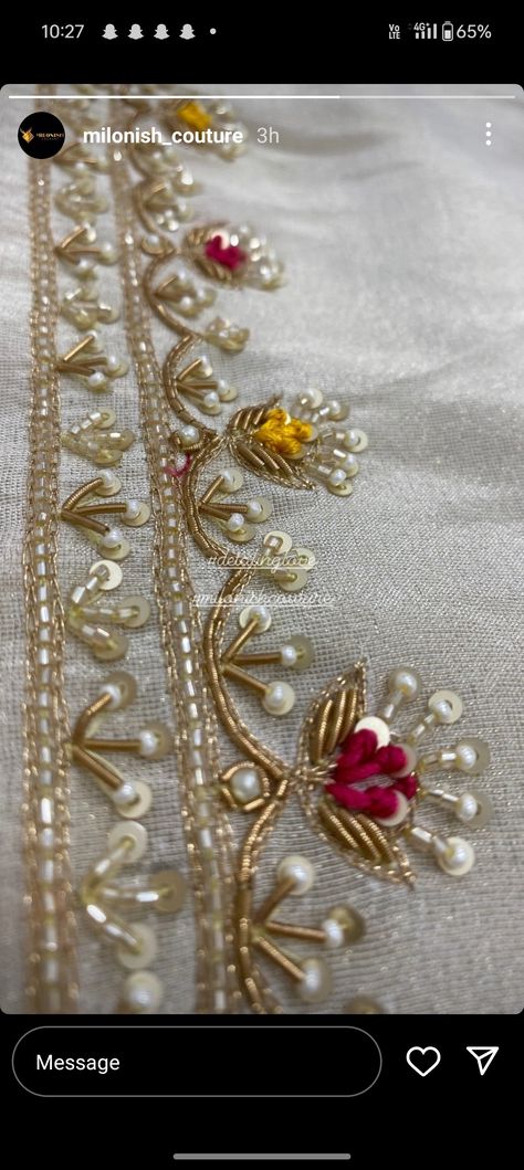 Hand Work For Kurti Neck, Zardosi Neckline Embroidery, Zardosi Butti Work, Khatli Work Blouse Design, Aari Work Neck Design, Hand Work Dupatta, Zari Work Embroidery, Zardosi Embroidery, Zardosi Work