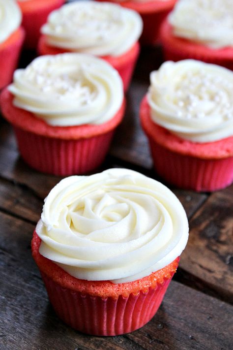 Pink Velvet Cupcakes with Cream Cheese Frosting recipe - from RecipeGirl.com Pink Velvet Cupcakes, Delicious Cupcakes Recipes, Cheese Frosting Recipe, Cupcakes With Cream Cheese Frosting, Baking Inspiration, Cream Cheese Frosting Recipe, Creative Cupcakes, Recipe Girl, Delicious Cream