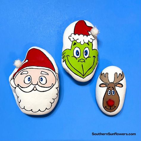 Grinch Painted Rocks, Art Ideas For Christmas, Diy Rock Painting, Christmas Rock Painting Ideas, Christmas Rock Painting, Painted Rock Ideas, Santa Cartoon, Rocks Painting, Rock Painting Ideas