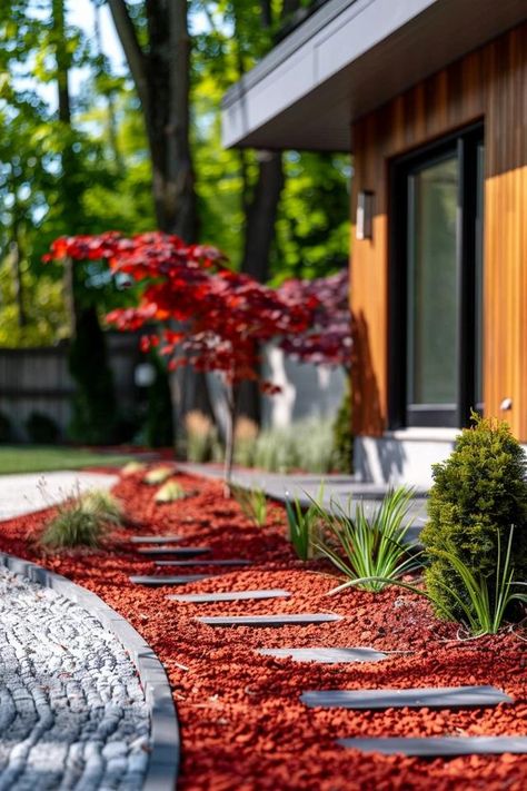 Vibrant Red Mulch Landscape Ideas for Your Yard Red Mulch Landscaping Ideas, Mulch Landscaping Ideas, Mulch Ideas, Red Mulch, Wood Chip Mulch, Low Maintenance Backyard, Mulch Landscaping, Backyard Balcony, Landscaping Inspiration