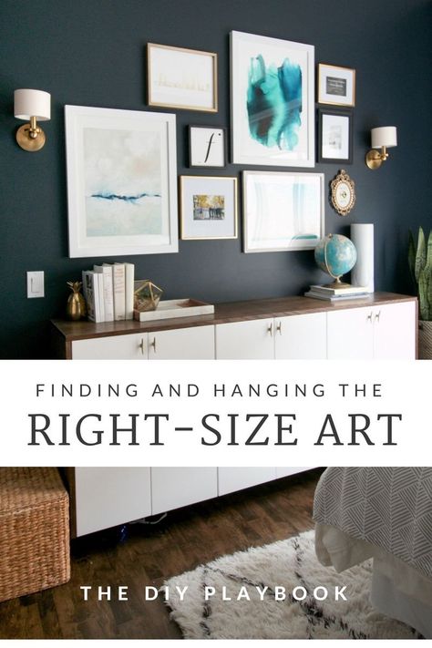 Reference tips for 1) selecting appropriate art sizes and 2) hanging art at the correct height. Wall Art Placement, Diy Playbook, Picture Frame Decor, Hang Art, Matching Furniture, Hanging Paintings, Dining Room Walls, Hanging Pictures, Interior Design Tips