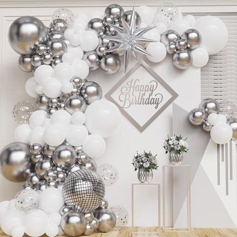 PRICES MAY VARY. [White And Silver Balloons Garland Arch Kit]The white and silver disco ball balloon arch garland kit is perfect for New Year’s Eve 2024, teenagers birthday, DISCO party, anniversary, baby shower partys. Whether you're planning a small gathering or a large event, our balloon arch kit will instantly transform any room into a lively and energetic atmosphere. 【Premium Value Pack】The white and silver balloon arch kit includes 134pcs latex balloons, 1pcs 4D disco ball balloons, 1pcs s Cute Sweet 16 Party Themes, White Party Decorations Elegant, Met Gala Party Decorations, Silver And White Birthday Party Decor, Diamond Party Decorations, Silver 40th Birthday Party, White And Silver Balloon Arch, Silver Decorations Party, All White Party Decorations