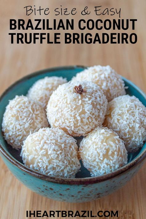 Check out this tasty and easy beijinho recipe. This Brazilian sweet is also known as coconut brigadeiro and it's finger linkin' good! | Brazilian sweets | Brazilian candy | Brazilian dessert | Easy Brazilian Dishes | Brazilian food #Brazilian #Dessert #Candy #iheartbrazil Brazilian Sweets Desserts, Brazillian Food Recipes Dishes, Brazilian Fudge Balls, Coconut Brigadeiro Recipe, Brazilian Brigadeiro Recipes, Brazilian Recipes Dessert, Coconut Kisses, Brazilian Candy, Brazilian Dessert