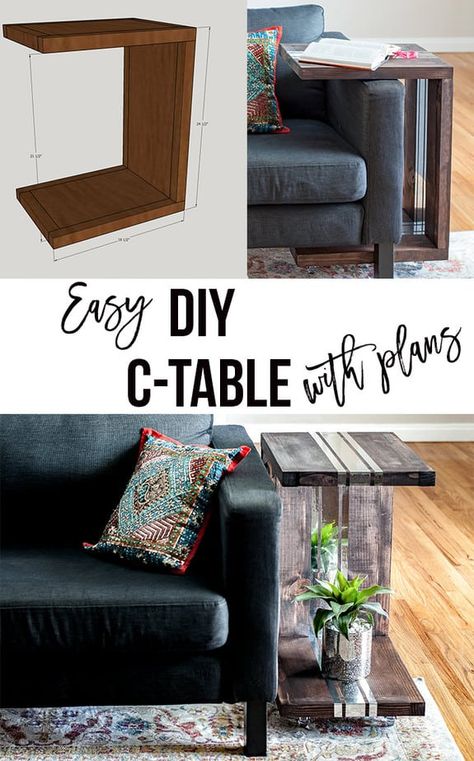 How to build a C-table. Full step by step details and plans for a DIY wood C-table. Rolling side table for end of sofa or couch. Pallet Shelf, Murphy Bed Plans, Diy Sofa Table, Diy Couch, Entry Tables, C Table, Couch Table, Table Diy, Diy Sofa