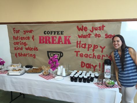 Coffee break teachers day surprise! beautiful idea for your teachers on their special day! Teachers Day Surprise Ideas, Coffee Bars, Reading Day, Home Coffee Bar, Black Christmas Trees, Happy Teachers Day, Bar Set Up, Teachers Day, Happy Words