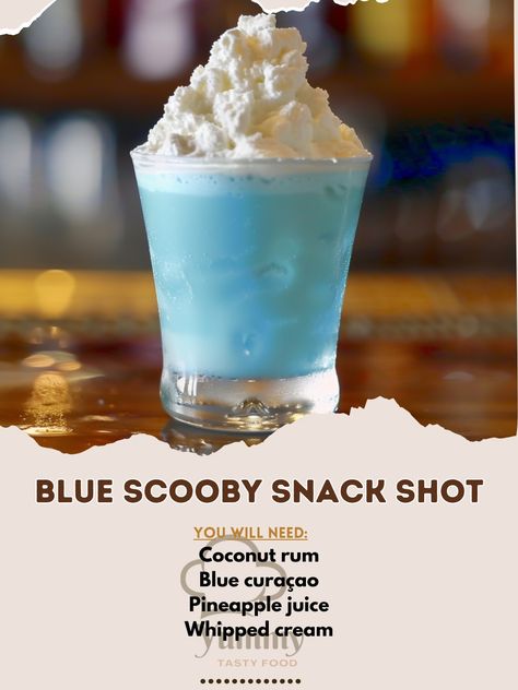 🥃 Try our vibrant Blue Scooby Snack Shot for a fun and fruity drink! 🥃💙 #ScoobySnackShot #FunDrinks Blue Scooby Snack Shot Ingredients: Coconut rum (1 oz) Blue curaçao (1 oz) Pineapple juice (1 oz) Whipped cream (for topping) Instructions: Shake coconut rum, blue curaçao, and pineapple juice with ice. Strain into a shot glass. Top with whipped cream. Enjoy this playful and colorful shot! 🥃💙✨ #RecipeInspire #PartyShots #BlueScoobySnack Jello Shots Blue Curacao, Blue Scooby Snack Drink, Fruity Shots Recipes, Scooby Snack Shot Recipes, Scooby Snack Drink, Scooby Snack Shot, Fruity Shots, Girls Night Drinks, Virgin Cocktails