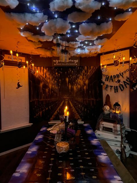 Harry Potter String Lights, Harry Potter Themed Office Decor, Harry Potter Decorations Outdoor, Harry Potter Movie Night Decor, Harry Potter Room Transformation, Harry Potter Great Hall Ceiling Diy, Hogwarts Party Aesthetic, Harry Potter Hallway, Harry Potter Ceiling