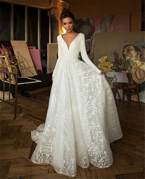 US$ 91.29 - Booma Lace Wedding Dresses 2020 Long Sleeve V-neck Boho Bridal Gowns Satin Backless White Vestido de noiva Plus size custom-made - www.joymanmall.com Robes D'occasion, Handmade Wedding Dresses, White Lace Wedding Dress, Long Sundress, Back Wedding Dress, Satin Long Sleeve, Sleeve Wedding Dress, White Tulle, Dress Flower