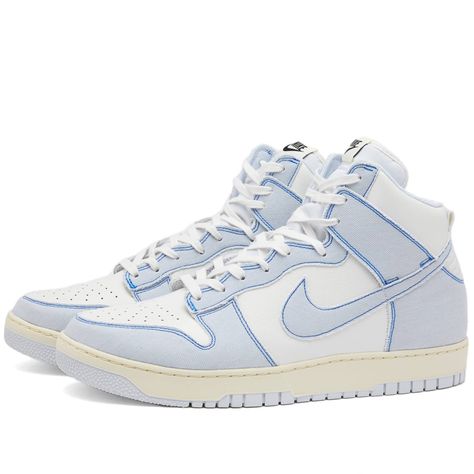 Nike Dunk Hi 1985 Summit White, Football Grey & Royal Blue | END. (US) Shoes Design Ideas, Nike Shoes Women Fashion, Trainers Nike, Nike Fashion Shoes, Preppy Shoes, Pretty Shoes Sneakers, All Nike Shoes, Shoes Design, Cute Nike Shoes