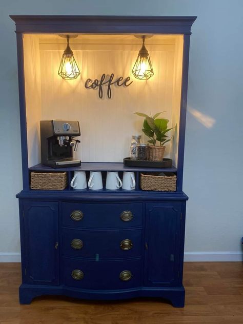 Dark Blue Coffee Bar, Blue Coffee Bar, Coffee Hutch, Coffee And Wine Bar, Armoire Bar, Furniture Decals, Redo Cabinets, Farmhouse Coffee Bar, Coffee Stations