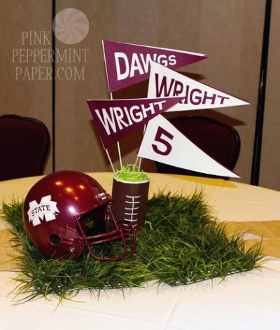 Cheer-themed tables gave guests Football Banquet Centerpieces, Football Centerpieces, Sports Party Centerpieces, Sports Centerpieces, Soccer Banquet, Banquet Centerpieces, Cheer Banquet, Football Banquet, Sports Banquet