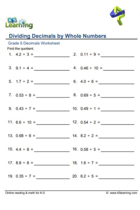 Divide Decimals, Grade 6 Math Worksheets, Dividing Decimals, Decimals Worksheets, Grade 6 Math, Whole Numbers, Grade 6, Math Worksheet, Learning Math