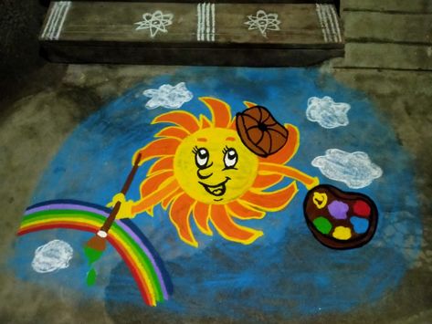 Sun Rangoli, Cartoon Rangoli, Rainbow Rangoli, Rangoli Big, Rangoli Painting, Cartoons Rangoli, Art Rangoli, Colour Rangoli, Rainbow Colors Art