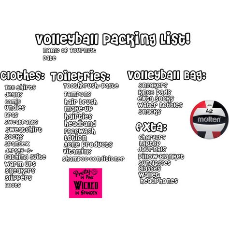 Volleyball Packing List by mckennacorbin on Polyvore featuring interior, interiors, interior design, home, home decor, interior decorating, Volleyball and tournament Volleyball Packing List, Volleyball Conditioning, Volleyball Tryouts, Volleyball Camp, Volleyball Bag, Volleyball Memes, Volleyball Skills, Volleyball Tournaments, Volleyball Practice