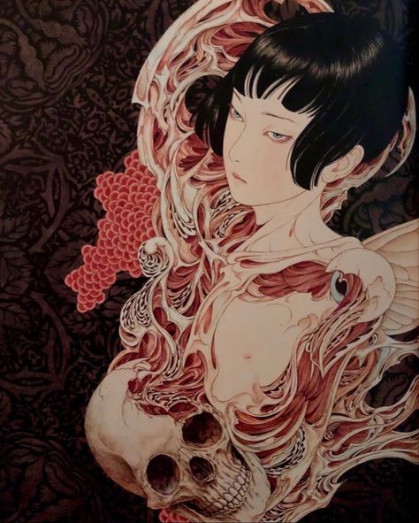 wallpaper tattoo vampire goth gothic horror scary japan japanese art wallpaper laptop iphone desktop red icons widget pfp boy hd samurai mermaid girl skull Takato Yamamoto, Japanese Horror, Wow Art, Ethereal Art, Surreal Art, Horror Art, Pretty Art, Asian Art, Art Sketchbook