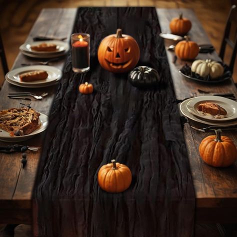 PRICES MAY VARY. Runner Package Include: You will get 1 PCS/120inch (10FT) long black cheesecloth table runner with 2 pcs string, approx.35" wide and 120" length.Boho Table Runner is suitable for rectangular and round tables that can accommodate 8-10 people,can be used for chair cover sashes or decorative napkins, backdrop draping or halloween table decorations. Soft and Comfortable:The gauze rustic table runner is made of high quality polyester, natural drape, lightweight and skin-friendly,soft Black And White Halloween Party Decor, Chic Halloween Party Decor, Halloween Dining Room Table Decor, Halloween Dining Table Decor, Table Decorations Halloween, Backdrop Draping, Halloween Party Table Decorations, Halloween Dining Room, Halloween Table Centerpieces