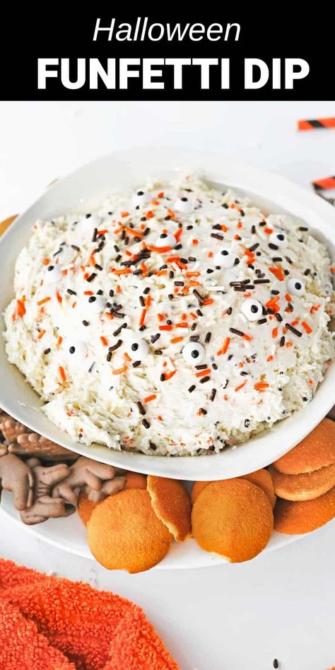 white dip with orange and black sprinkles Cake Mix Dip Funfetti, Halloween Dessert Dip, Halloween Funfetti, Cake Mix Dip, Confetti Dip, Funfetti Dip, Dunkaroo Dip, Sweet Dip, Halloween Dip