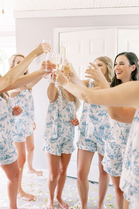 Blue Floral Bridesmaid Pajamas, Blue Getting Ready Pjs, Blue Bridesmaids Pajamas, Summer Getting Ready Outfits Wedding, Beach Wedding Getting Ready Outfit, Blue And White Pjs, Bridesmaids Pj Set, Blue Getting Ready Outfits, Summer Wedding Getting Ready Outfits