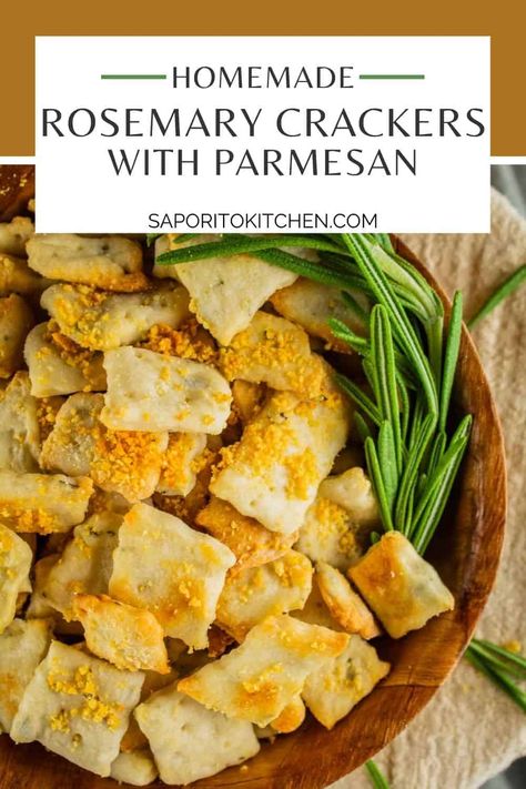 These homemade rosemary crackers parmesan are an easy and fun recipe to make. They are great for snacking, for a cheese plate or as an addition to a charcuterie board. #homemadecrackers #rosemarycrackers #seasonedcrackers Homemade Rosemary Crackers, Rosemary Crackers Recipe, Cracker Seasoning, Rosemary Crackers, Parmesan Crackers, Seasoned Crackers, Homemade Appetizer, Homemade Dips, Homemade Crackers