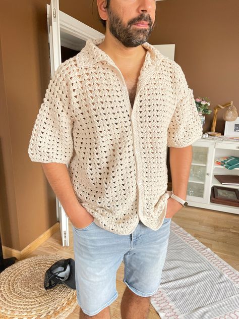 Buy Crochet Shirt, Cream Unisex Shirt, Crochet Shirt for Men, Crochet Shirt for Women, Vintage Summer Shirt, Handknit Shirt, Beach Shirt Online in India - Etsy Knitted T Shirts Men, Birthday Outfit For Men, Crochet Shirt Outfit, Beach Shirts For Men, Mermaid Tail Blanket Crochet, Acorn Decorations, Shirt Crochet, Mesh Crochet, Crochet Mermaid Tail