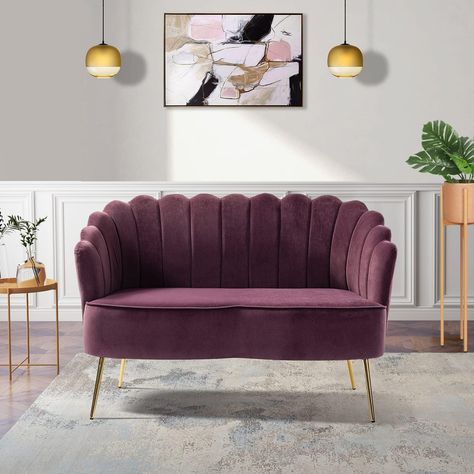 Velvet Loveseat Sofa with Gold Legs, Modern 2-Seater Sofa for Living Room, Bedroom, or Office. Comfy Upholstered Small Love Seat Couch, Flower Shaped Back, Purple Mauve Couch, Small Love Seat, Tv Room Sofa, Small Couches, Velvet Loveseat, Upholstered Fabric, Living Room Furniture Sofas, Loveseat Sofa, Contemporary Living Room