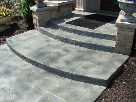 Front Stoop Ideas Concrete Steps, Concrete Steps Front Door, Stamped Concrete Front Porch, Stamped Concrete Steps, Stoop Ideas, Concrete Front Steps, Concrete Porch Steps, Concrete Front Porch, Front Stoop