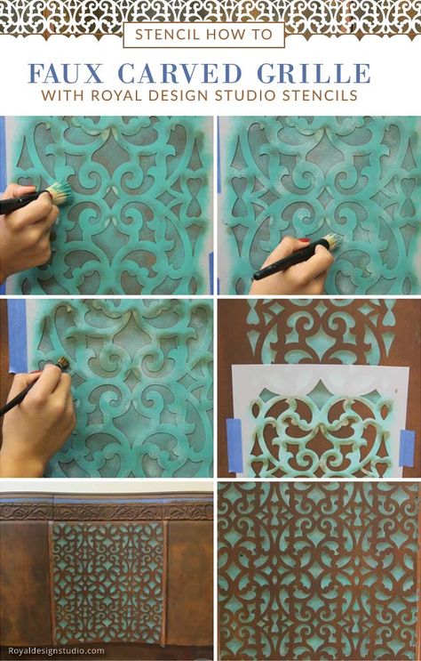 How to stencil the look of a faux carved grill with stenciling shading and the Mansion House Grille furniture trellis stencil from Royal Design Studio Diy Makeup Organizer, Diy Furniture Makeover, Furniture Stencils, Royal Design Studio Stencil, Stencils Tutorials, Furniture Painting Techniques, Diy Chalk Paint, Thrift Store Crafts, Stencil Furniture