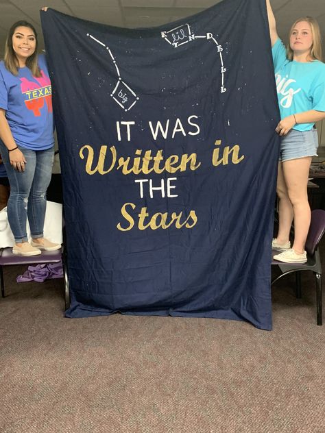 Bigs And Littles Cheer Poster Ideas, Big Little Banner, Written In The Stars Bid Day, Big Little Blanket, Big Little Banner Sorority, Date Party Banners Sorority, Sorority Banner, Delta Phi Epsilon, Big Little Reveal