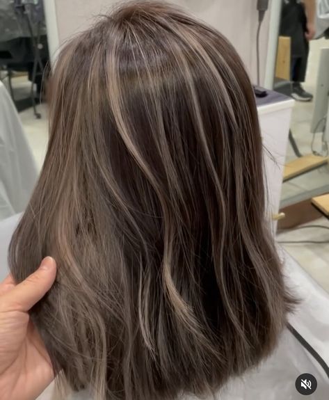 Korean Hair Color Streaks, Ash Brown Highlights Dark Hair, Korean Hair Highlights Brown, Short Hair Highlights Black, Ash Beige Hair Highlights, Short Asian Hair Highlights, Korean Hair Color Highlight, Korean Brown Hair With Highlights, Chunky Highlights Asian