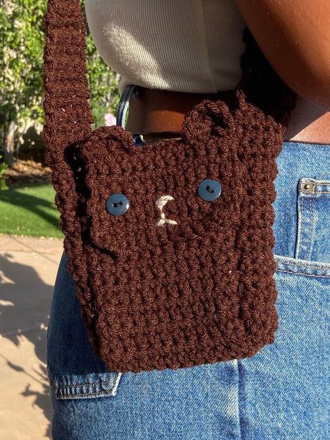 Crochet Teddy Bear Bag, Bear Bag Crochet, Simple Crochet Bags, Crochet Bear Bag, Mini Bag Crochet, Mini Crochet Bag, Mini Bag Pattern, Crochet Phone Bag, Crochet Wallet