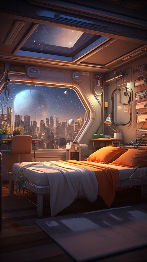 Sci Fi Themed Room, Spaceship Bedroom Concept Art, Scifi House Concept Art, Sci-fi Room, Scifi Home, Spaceship Interior Bedrooms, Spaceship Bedroom, Sci Fi Apartment, Sci Fi Bedroom