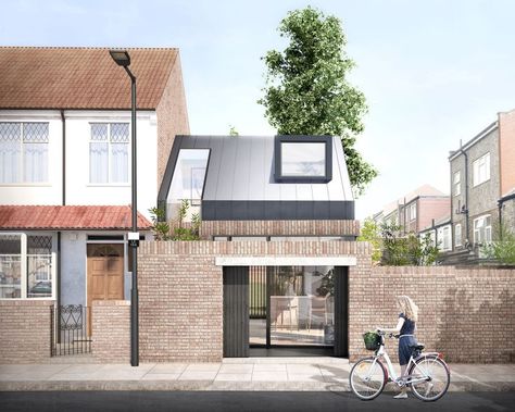 Front street view of small modern house design in London with girl walking bike on pavement in front of house Sunken House, Infill House, Uk Architecture, Architecture Render, End Terrace House, Hidden House, 70s House, Side Extension, Mews House