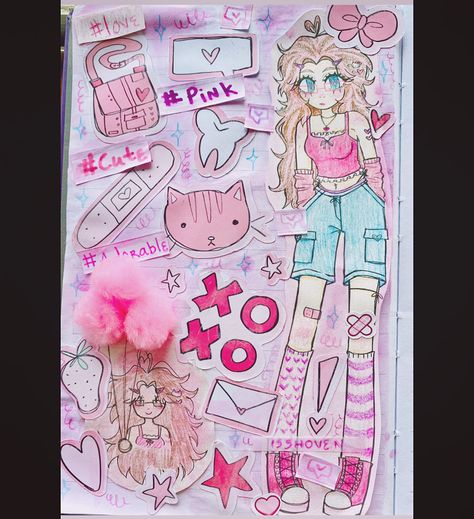 Pink Sketchbook Scrapbook Custom Stickers Watercolor Art Sketchbook Pages Inspiration, Sketchbook Scrapbook, Cute Sketchbooks, Sketchbook Layout, Pink Kawaii, Sketchbook Cover, Sketchbook Art Journal, Sketchbook Pages, Cute Little Drawings