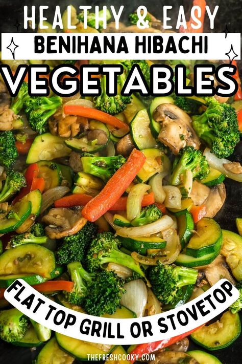 Turn your kitchen into a hibachi haven with this incredible Benihana Hibachi Vegetables recipe! From the smoky charred goodness to the colorful array of veggies, this dish will transport you straight to your favorite Japanese steakhouse. Fire up your Blackstone grill or stovetop and get cooking! Recipe via @thefreshcooky. #HibachiVeggies #CopycatBenihana Grilled Veggies On Blackstone Griddle, Black Stone Hibachi Veggies, Hibachi Veggies On Blackstone, How To Make Hibachi Vegetables, Hibachi Stir Fry Recipes, Blackstone Grill Veggies, Black Stone Vegetables, Hibachi Vegetables Sauce, How To Cook Hibachi On Blackstone