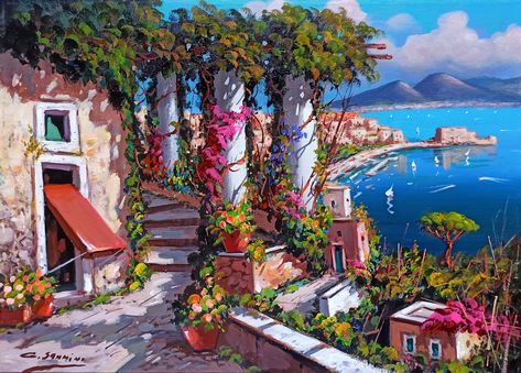 Positano Painting, Italian Artwork, Italian Paintings, Italy Painting, Impressionist Landscape, Italian Painters, Southern Italy, Impressionist Paintings, Beginner Painting