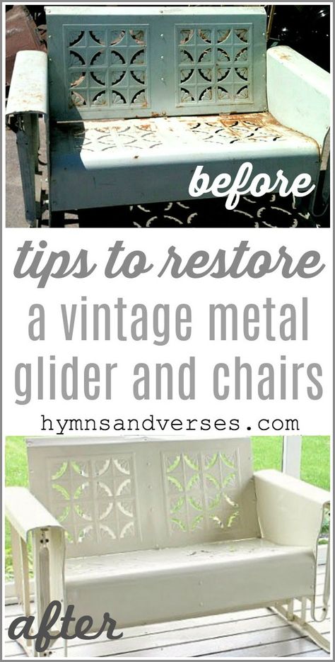 Vintage Metal Glider and Chairs | Hymns and Verses Vintage Metal Glider, Vintage Patio Furniture, Vintage Metal Chairs, Vintage Outdoor Furniture, Outdoor Glider, Chairs Vintage, Vintage Patio, Vintage Porch, Wrought Iron Furniture