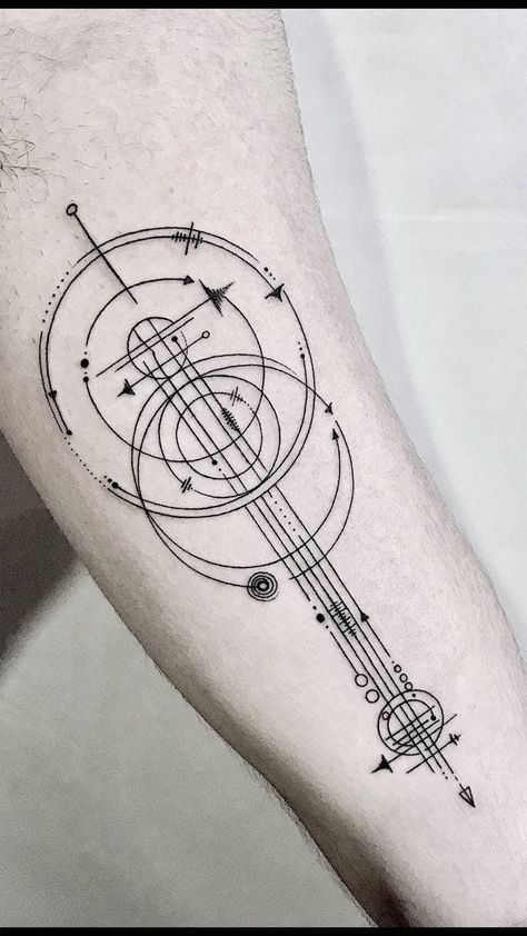 Raphael Lopes - Metamorphosis Tattoo Geometric Tattoo Music, Metamorphosis Tattoo, Violin Tattoo, Mens Body Tattoos, Tech Tattoo, Guitar Tattoo Design, Abstract Tattoo Designs, Forearm Band Tattoos, Taurus Tattoos