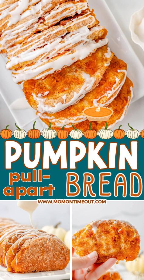 This gorgeous Pumpkin Pull Apart Bread is so delicious and easy to make! You’ll love the buttery, flaky biscuits layered with a sweet and spiced pumpkin filling and topped with a simple vanilla glaze. Enjoy this showstopper for breakfast, brunch or dessert! This easy recipe brings all the cozy flavors of autumn to your table and is perfect for the holidays or special occasions. | MomOnTimeout.com Cinnamon Roll Pumpkin Bread, Breakfast Pull Apart Bread, Pumpkin Breads, Pumpkin Pull Apart Bread, Pumpkin Biscuits, Simple Desert, Easy Pumpkin Bread, Bubble Bread, Slow Cooker Appetizers