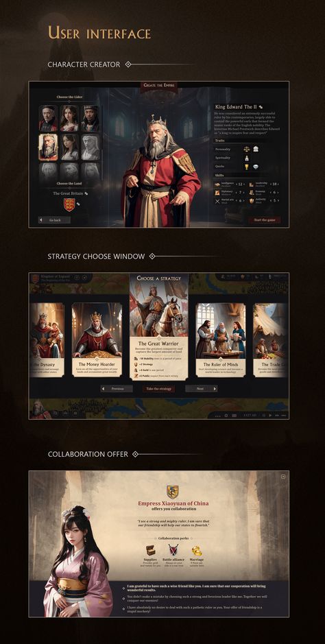 Strategy Game UX/UI Concept on Behance Game Layout Design, Game Presentation, Game Design Concept, Game Website, Ui Game, Mobile Game Ui, Rpg Game Design, Nurse Games, Gladiator Games