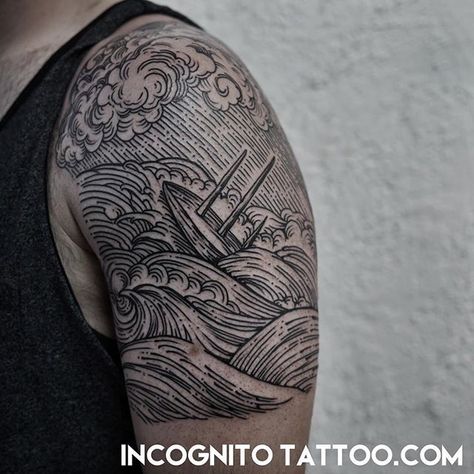 Ship in the seas by @incognitotattoo #lineworktattoo #dotwork #blackandwhite #engravingtattoo #tattoo #losangeles #incognitotattoo Line Sleeve Tattoo, Wave Tattoo Sleeve, Ship Tattoo Sleeves, Tatto Designs, Sleeve Tattoos For Men, Sleeve Tattoo Designs, Boat Tattoo, Wave Tattoo Design, Woodcut Tattoo