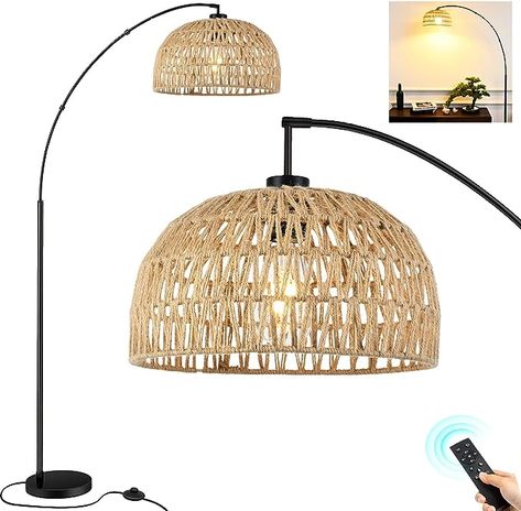 Floor Lamp With Rattan Shade, Floor Lamps Living Room Boho, Rattan Floor Lamp Living Room, Boho Floor Lamp Living Room, Boho Floor Lamp, Coastal Floor Lamps, Bamboo Lamp Shade, Wicker Floor Lamp, Lamp Amazon