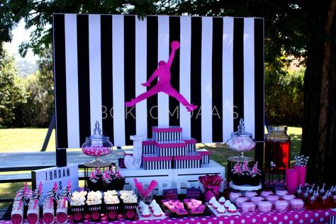 How Amazing is Jordan's Air Jordan Party in the Park? Pink Jordan Party, 23 Jordan Year Birthday Ideas Pink, Jordan Year Birthday 23 Ideas Women, Jordan Birthday Party Ideas Decoration, Sneaker Theme Party Ideas, Michael Jordan Birthday, Nike Party, Jordan Birthday, Jordan Year