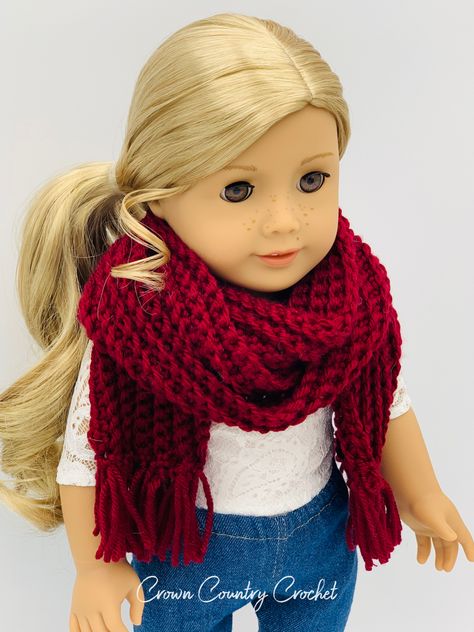 Winter Scarf Crochet Pattern, Winter Scarf Crochet, Country Crochet, Doll Scarf, Crochet Doll Clothes Free Pattern, American Girl Crochet, Doll Things, American Girl Doll Patterns, American Girl Doll Clothes Patterns