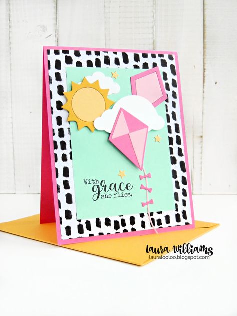 handmade encouragement card - With grace she flies, featuring Impression Obsession stamps (She Positives) and kite, cloud and sun dies #impressionobsession #iostamps #cardmaking #diecutting Bloom The Paper Kites, Kite Cards, Handmade Cards With Kites, Kite Pattern Templates, Paint The Paper Kites, Kite Bookmark, Mixed Media Diy, Modern Card, Encouragement Cards