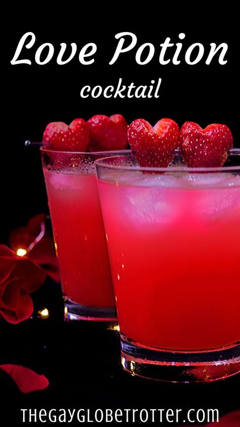 This love potion cocktail is a deliciously sweet drink that is the perfect Valentines Day drink. Serve these alcoholic drinks with some strawberry hearts for the perfect drink! #gayglobetrotter #lovepotion #lovepotiondrink #lovepotioncocktail #lovecocktail #valentinesday via @gayglobetrotter Simple Valentines Day Cocktails, Alcoholic Valentines Drinks, Valentines Day Punch Alcohol, Valentine’s Day Themed Drinks, Nursing Themed Alcoholic Drinks, Valentine Cocktails Easy, Valentines Day Margarita, Valentine Drinks Alcoholic Tequila, Bar Drink Specials Ideas