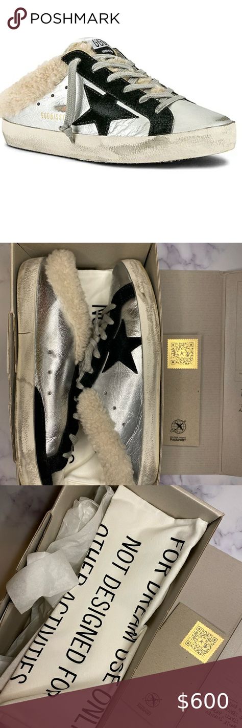 Golden Goose Sabot Fuzzy Slide with box and bags. Fuzzy Slides, Goose Shoes, Golden Goose Shoes, Golden Goose, Golden Goose Sneaker, Handbags, Tags, Fashion Design, Closet