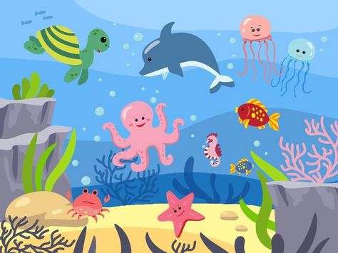 Cartoon Underwater, The Sea Background, Under The Sea Art, Under The Sea Animals, Underwater Cartoon, Cartoon Pic, Drawings For Kids, Underwater Background, Ocean Background